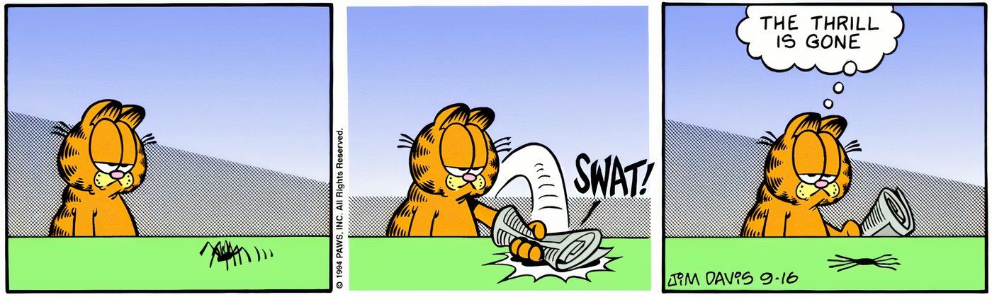 Garfield matando uma aranha e não se divertindo com isso.