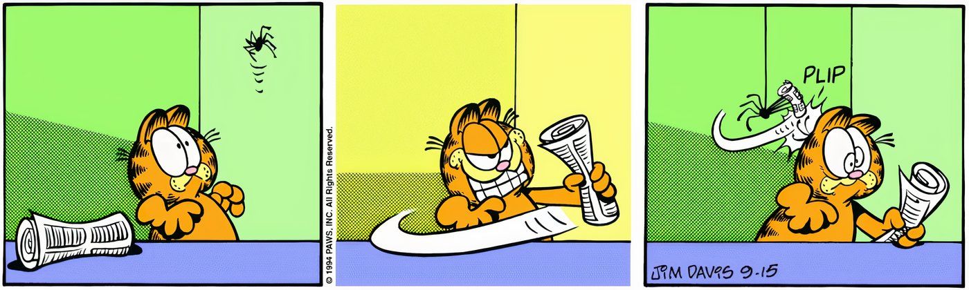 Uma aranha golpeando Garfield com um jornal. 