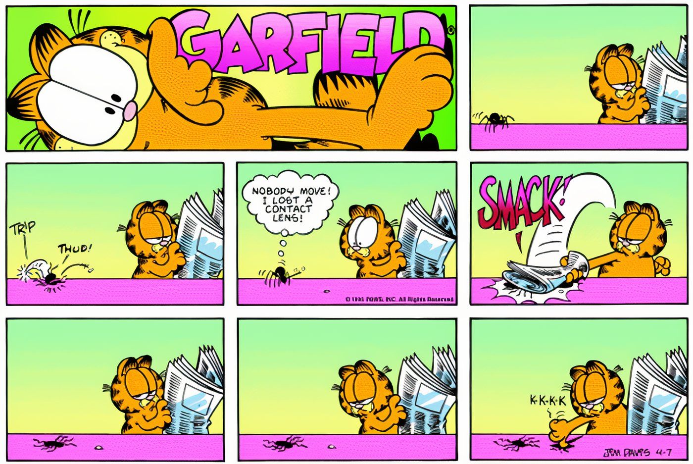 Garfield quebrando uma aranha e sua lente de contato.