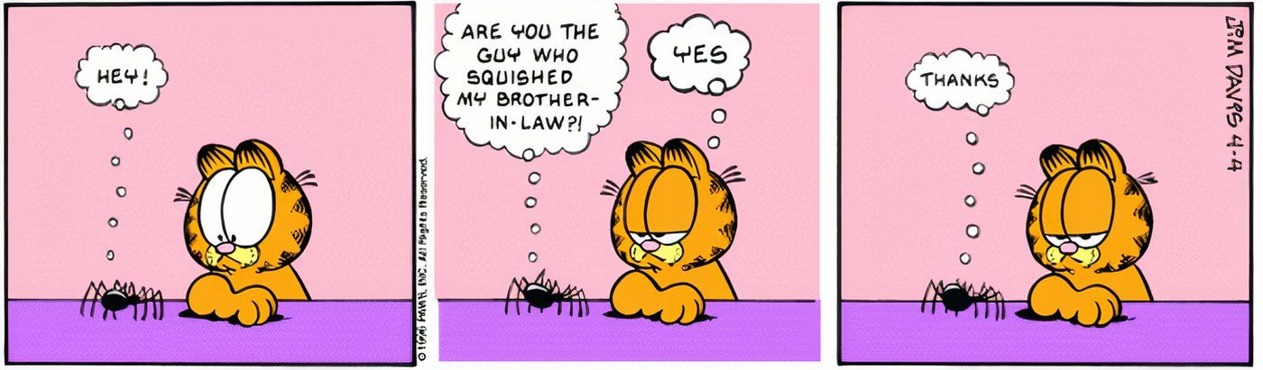 Uma aranha agradecendo a Garfield por matar seu cunhado.