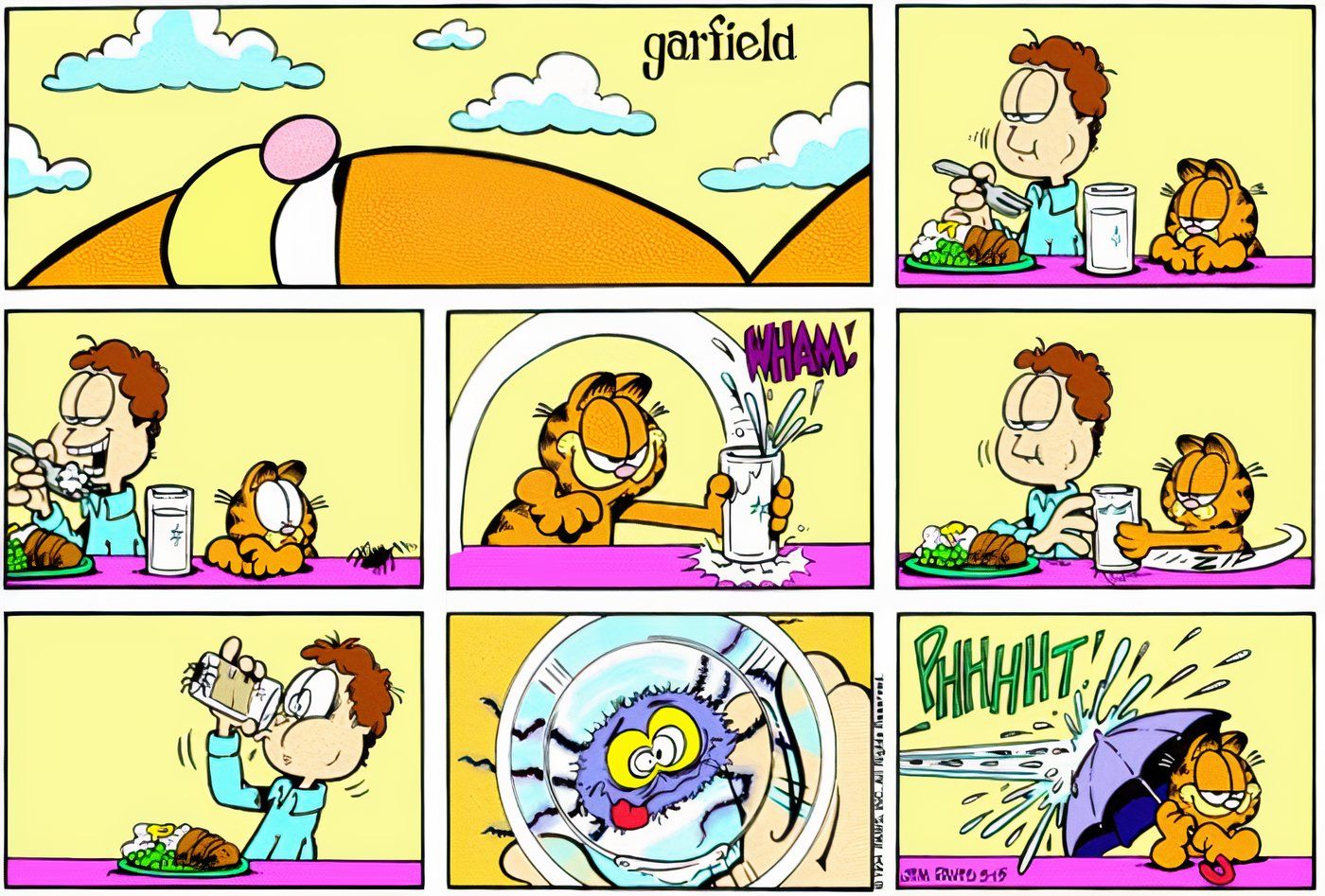 Garfield pregando uma peça em Jon com uma aranha esmagada.