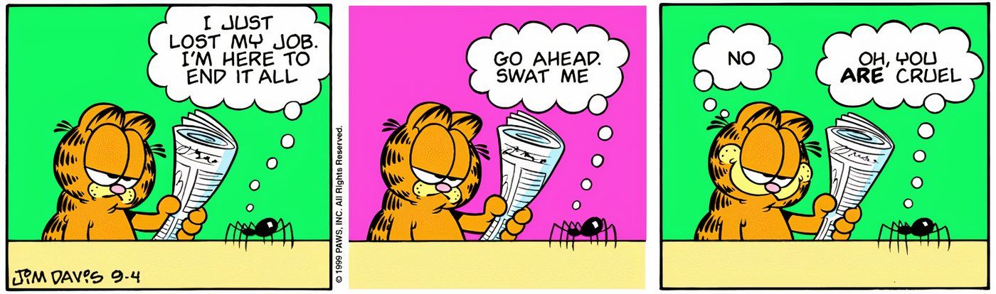 Garfield se recusando a matar uma aranha que quer morrer.