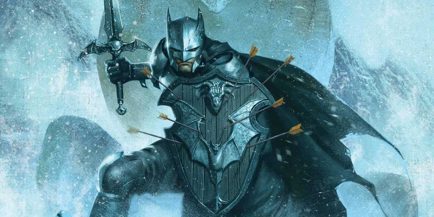 Comic book art: Batman with knight-like sword and shield.