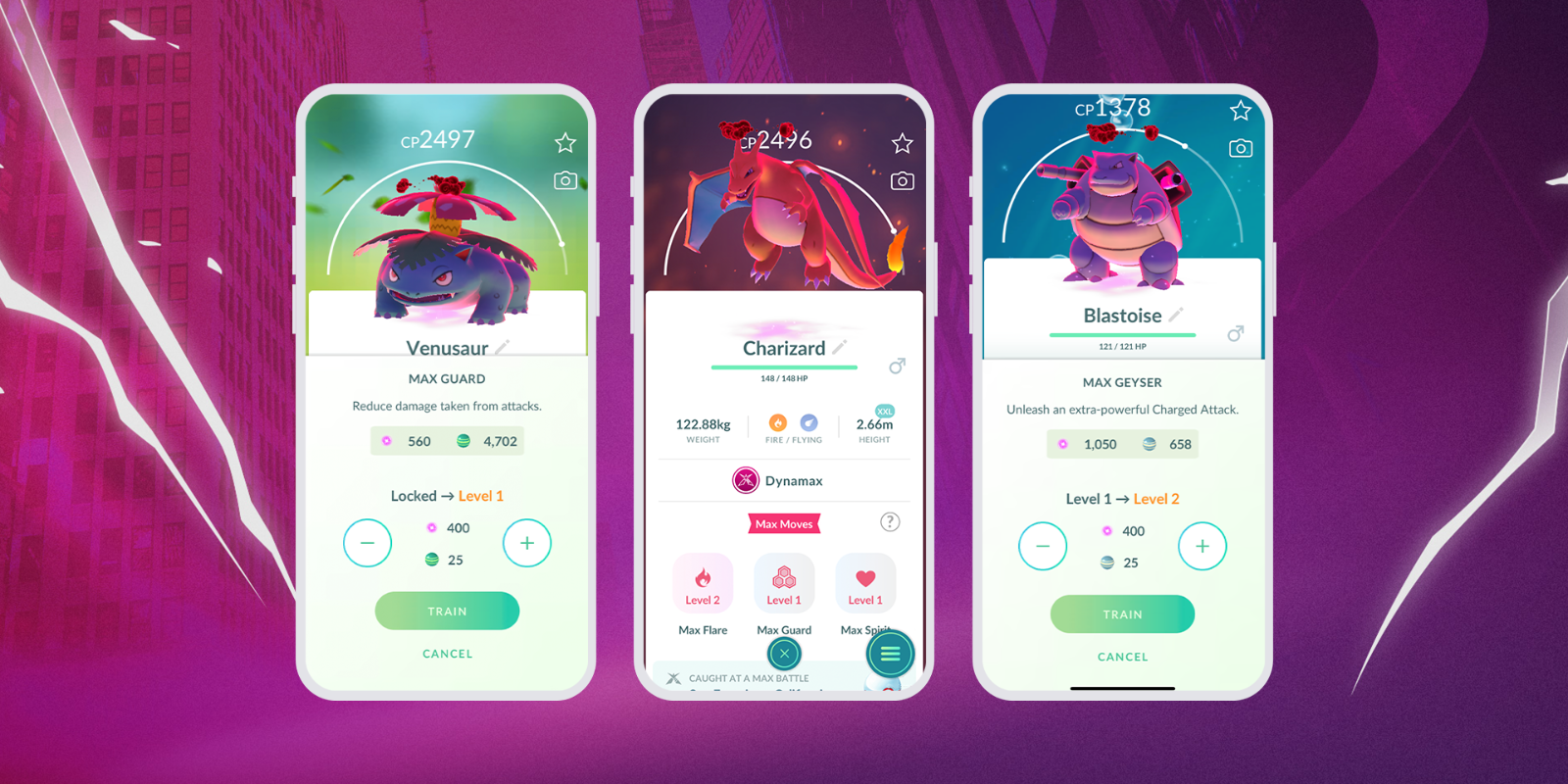 Pokemon GO Max Moves menu screens showing how to upgrade your moves