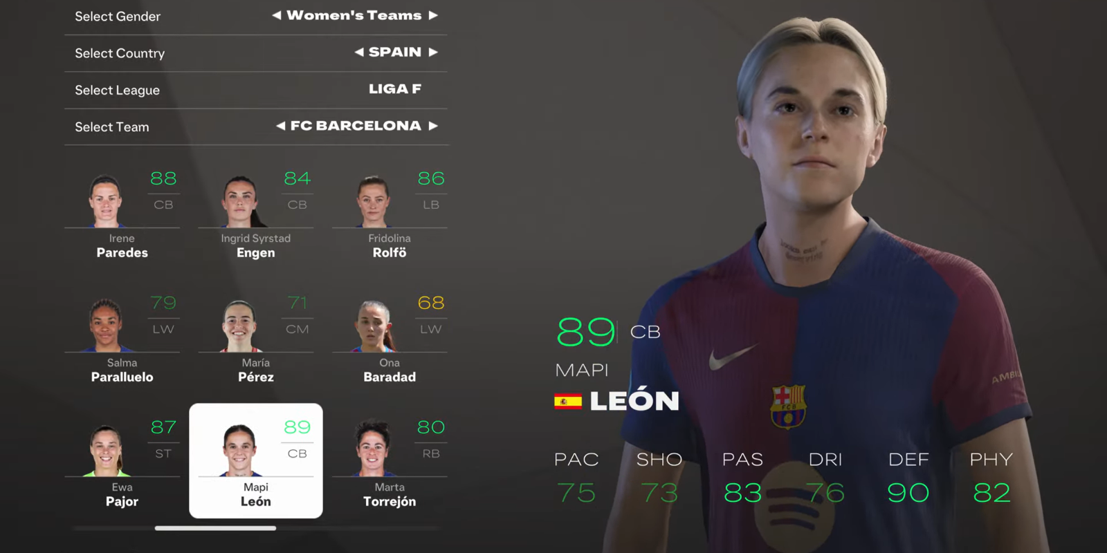 Ficha de estatísticas do EA Sports FC 25 Mapi Leon