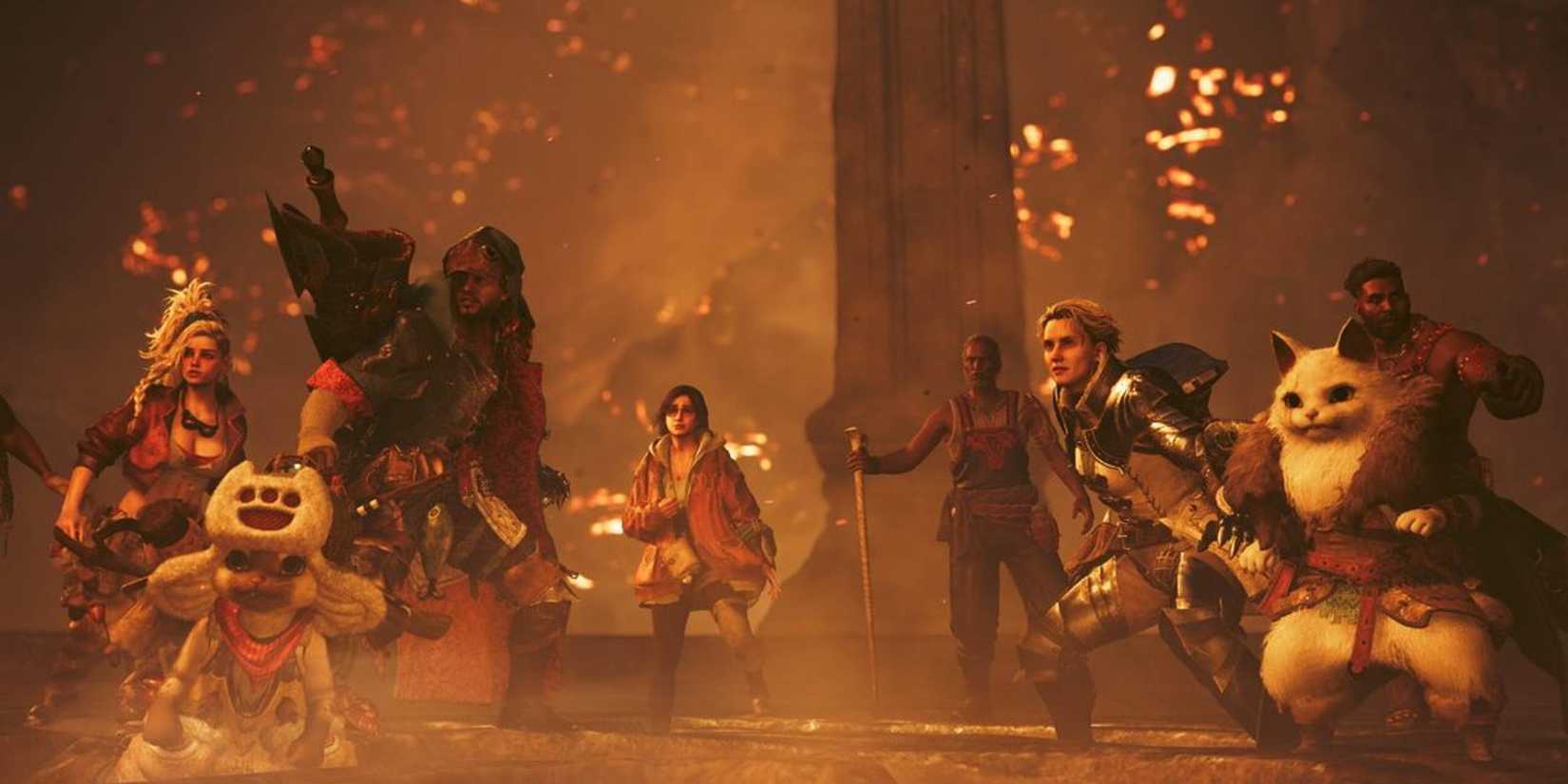 Characters from Monster Hunter Wilds inside of a volcano getting ready to fight something off screen.