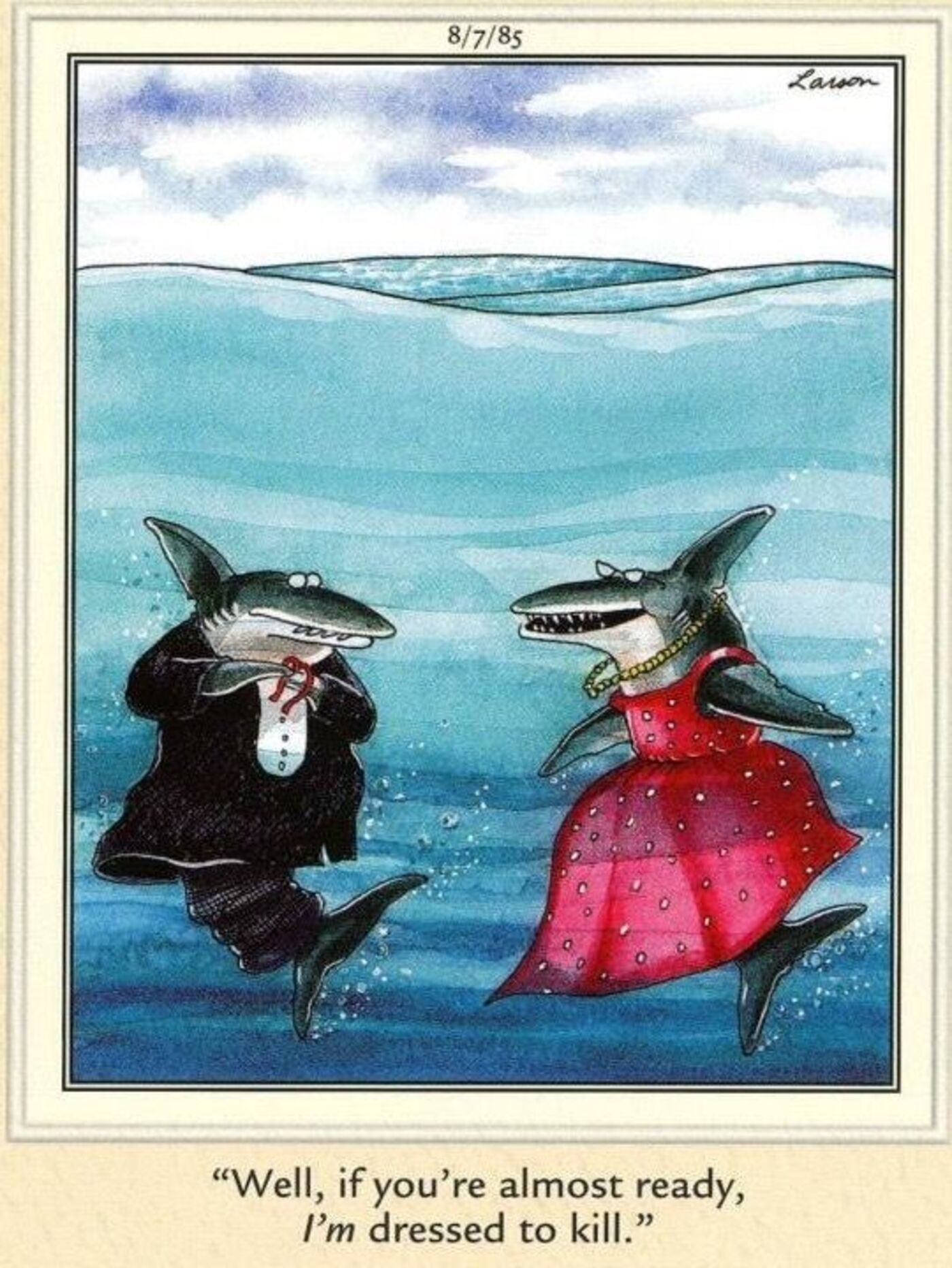 Sharks dressed in evening wear.