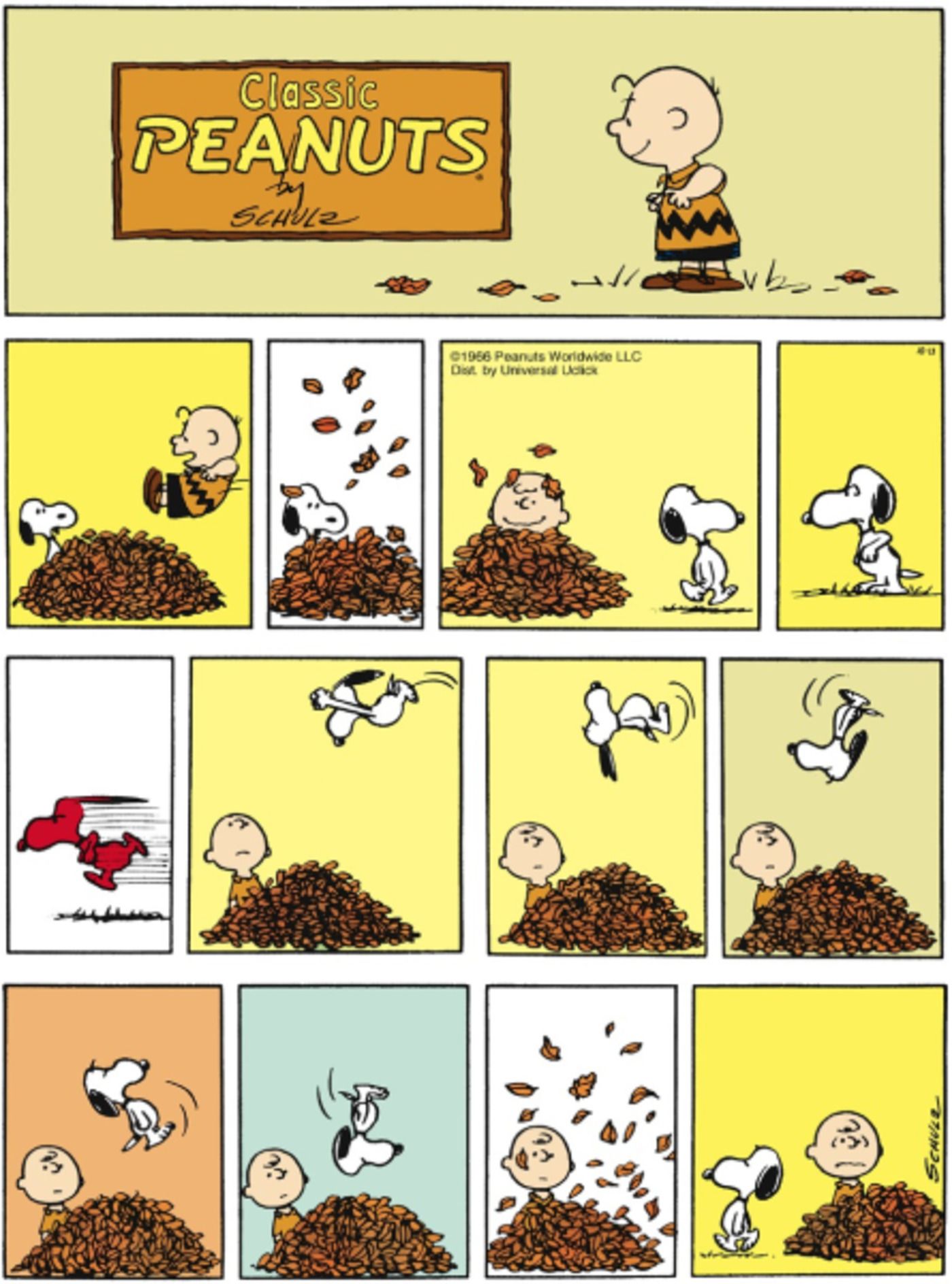 Charlie Brown pula em uma pilha de folhas e Snoopy o supera com um mergulho de qualidade olímpica.