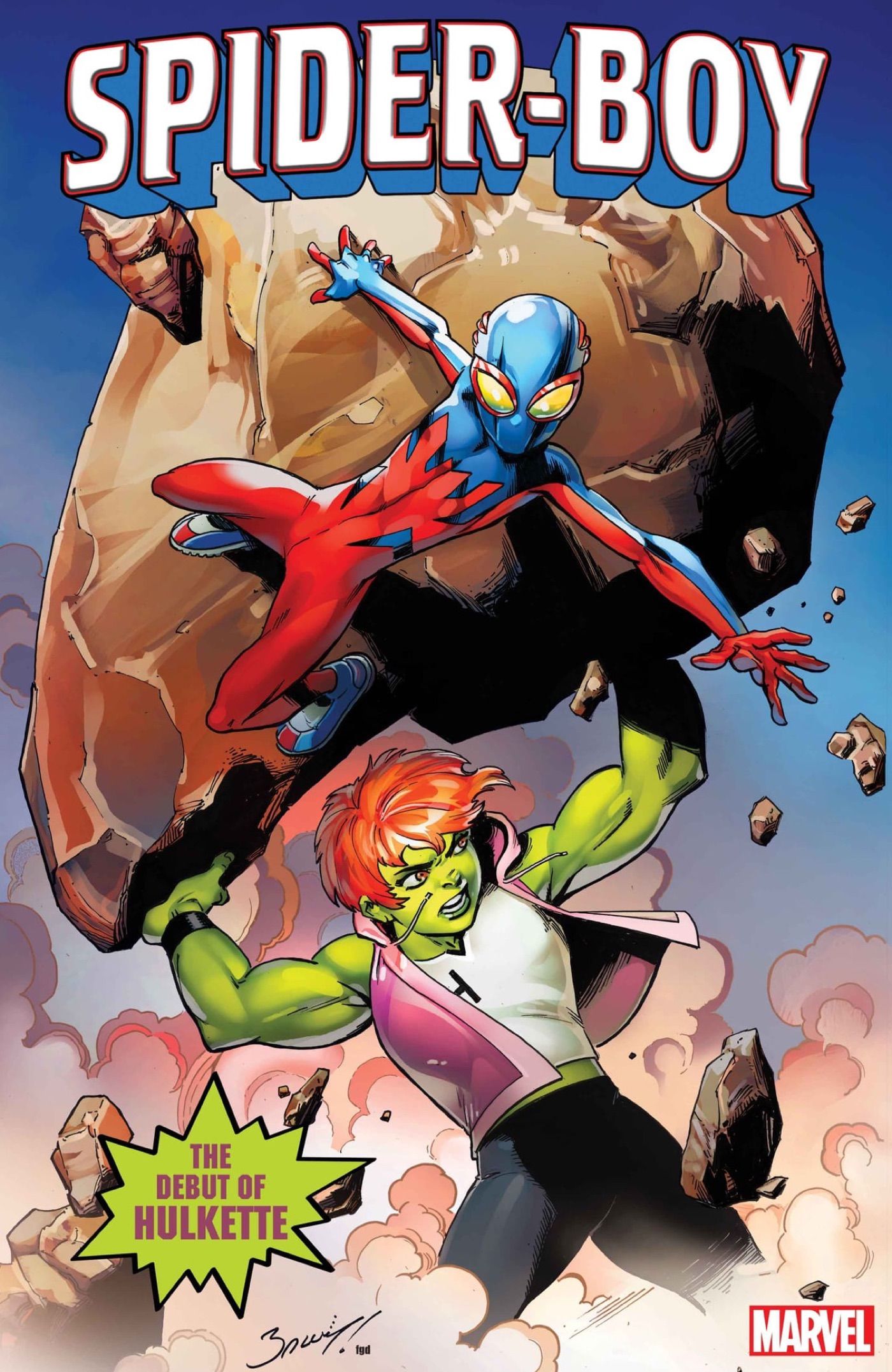 Spider-Boy #13 Spoiler Variant Cover by Mark Bagley - The debut of Hulkette lifting a large rock with Bayley on it