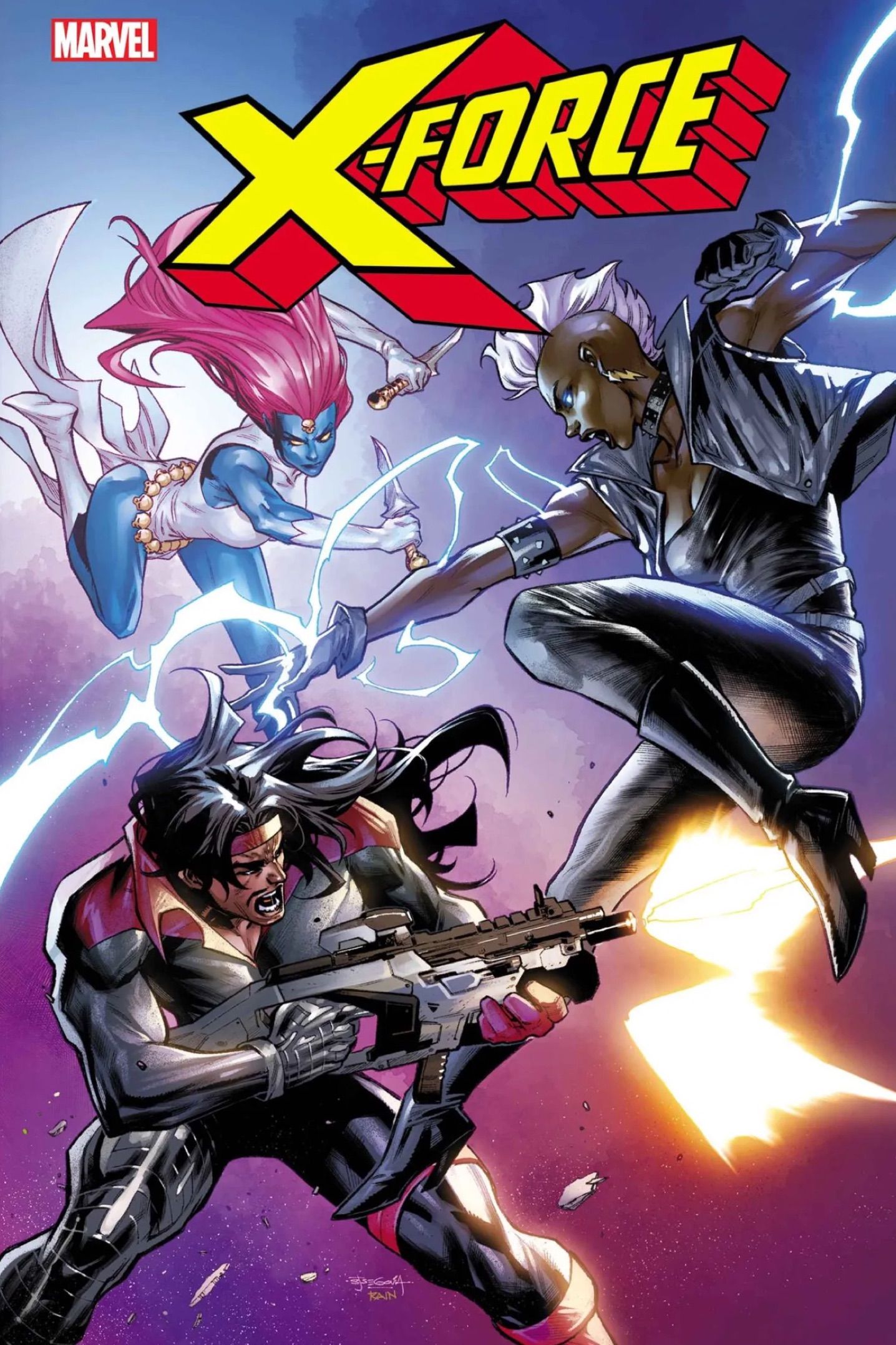 Comic book cover: Forge, Storm, and Mystique doing battle.