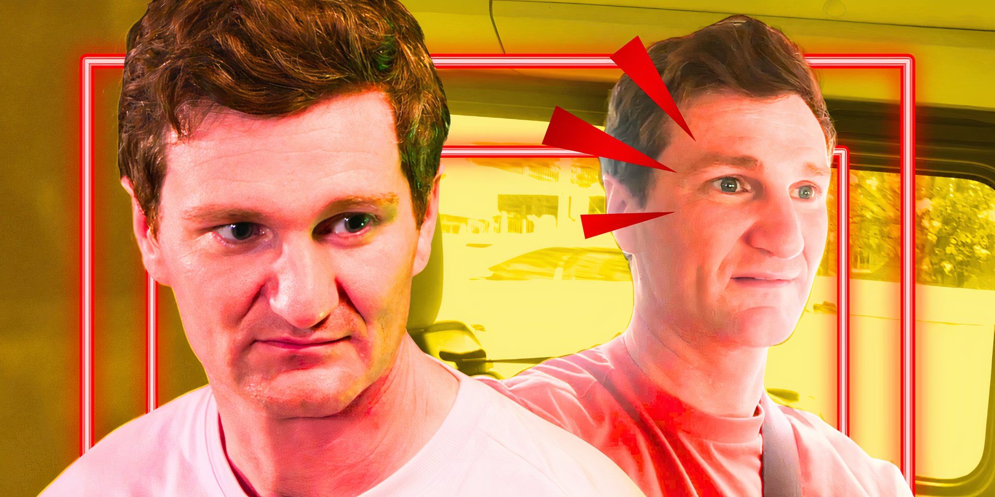 90 Day Fiancé Before the 90 Days star Loren Allen in two serious poses with arrows and red border in montage