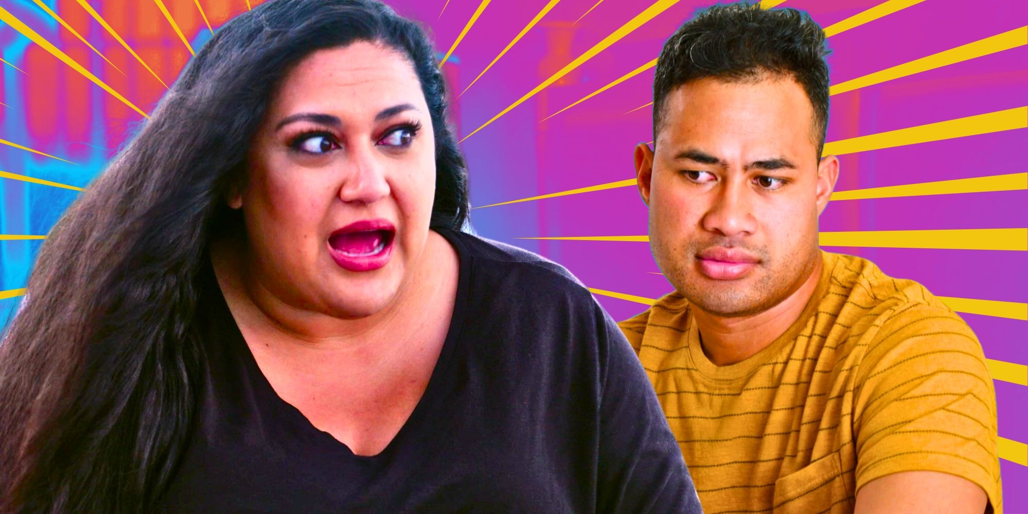 90 Day Fiancé’s Kalani Faagata opens her mouth in shock and Asuelu Pulaa looks disturbed.