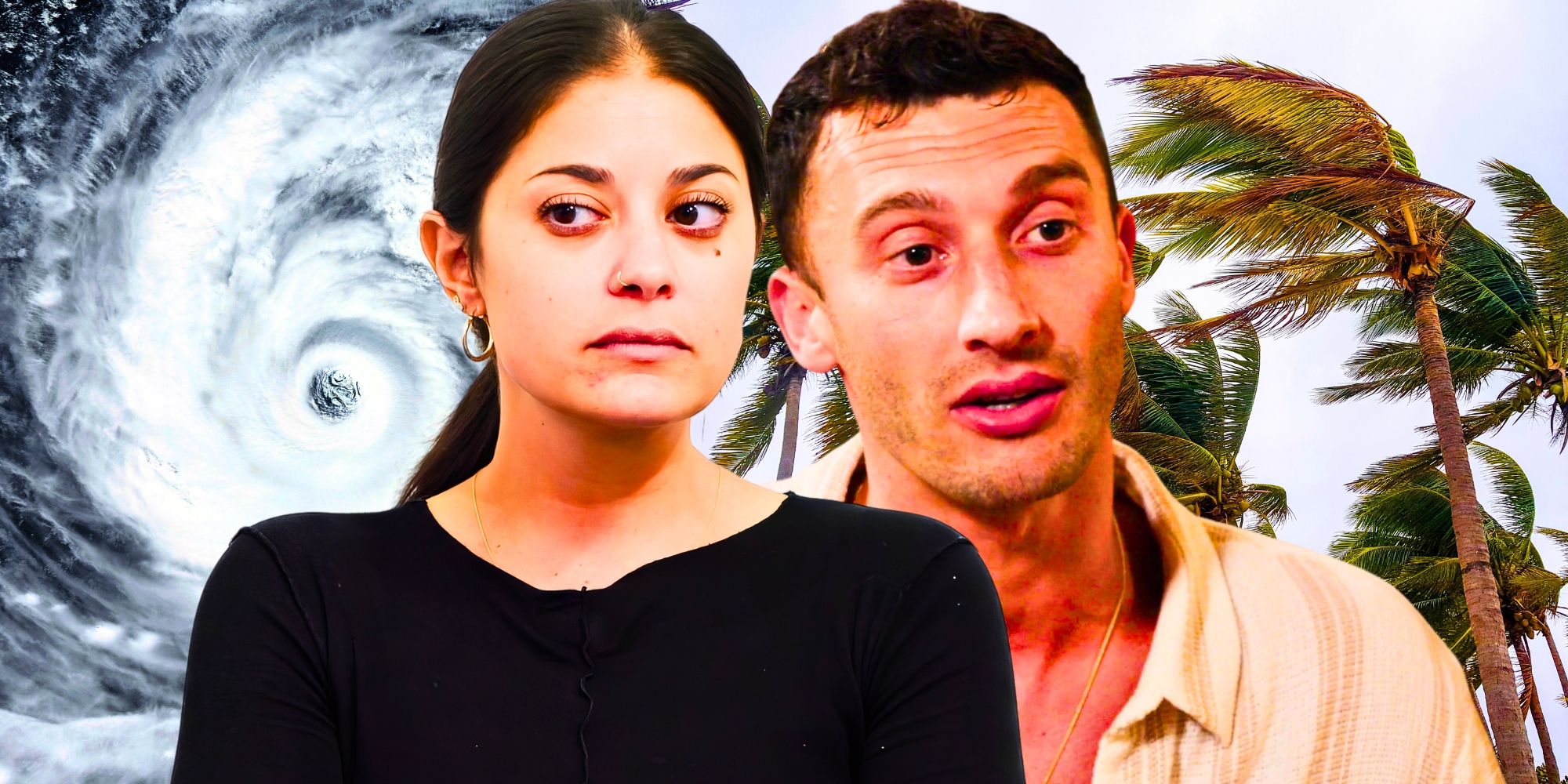 90 Day Fiancé’s Loren and Alexei Brovarnik are serious in front of a hurricane and trees blowing in the wind.