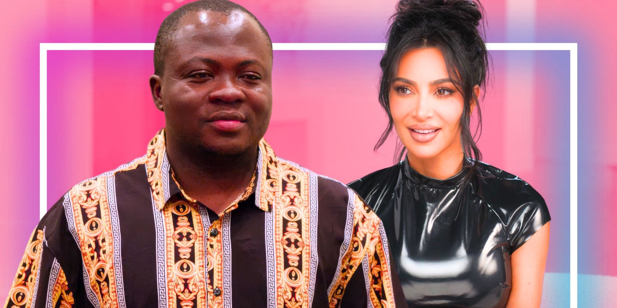 90 Day Fiancé’s Michael Ilesanmi looks serious and Kim Kardashian smiles.