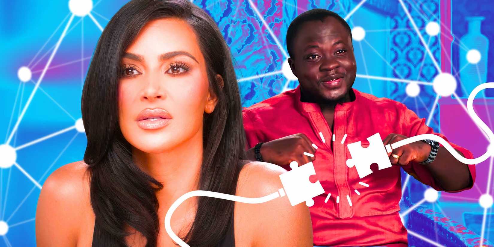 90 Day Fiancé Kim Kardashian looking worried Michael Ilesanmi smiling in red shirt