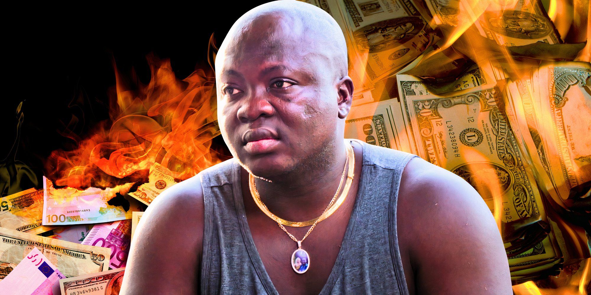 90 Day Fiancé Michael Ilesanmi in grey tank top with money burning behind him