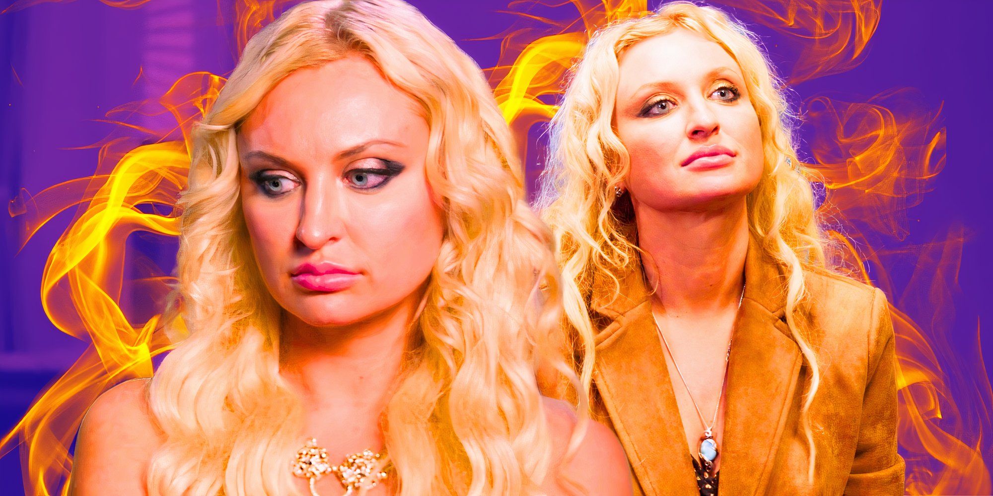 90 Day Fiance star Natalie Mordovtseva in two serious poses with purple and yellow background