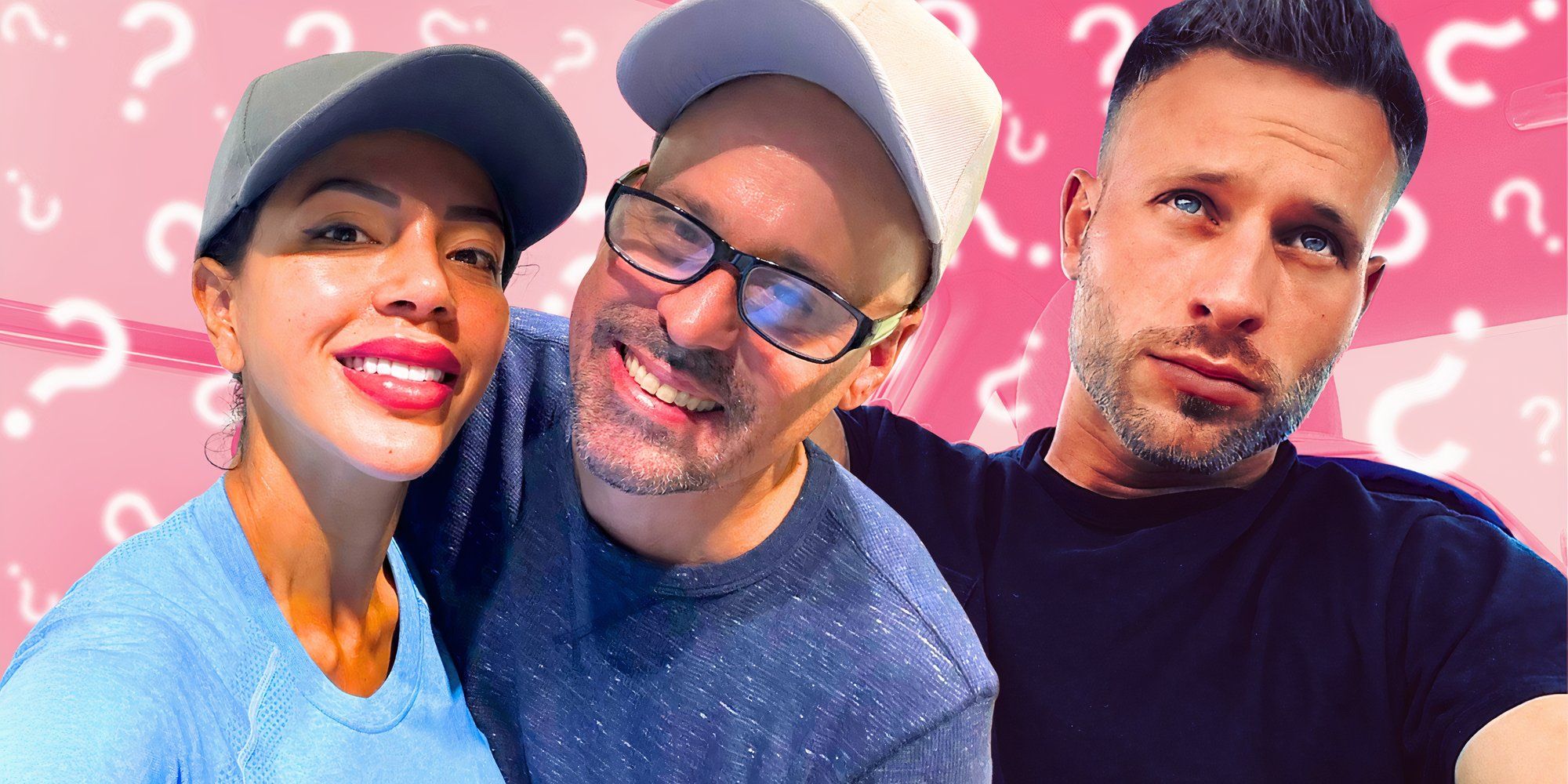 90 Day Fiance stars Gino Palazzolo and Jasmine Pineda with matt branis in montage with pink question marks