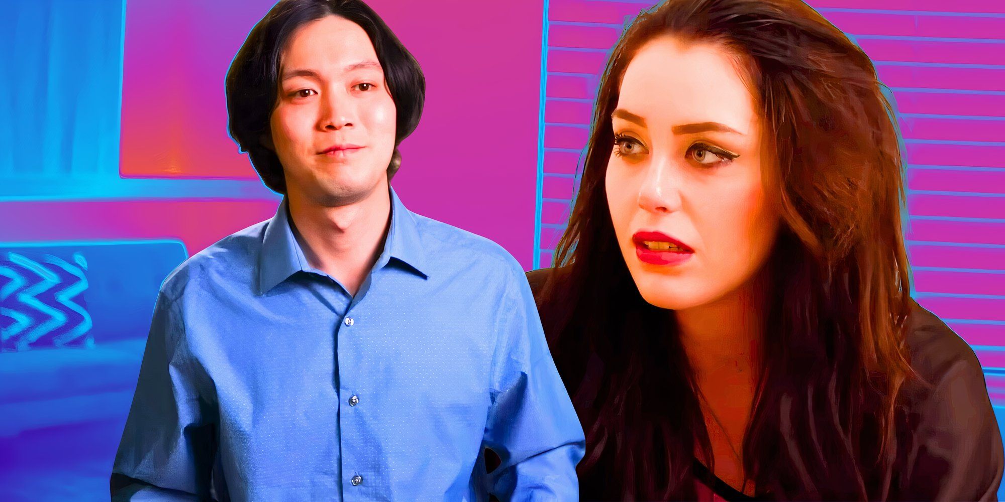 90 day fiance stars Jihoon Lee and Deavan Clegg looking serious in montage with pink and blue background