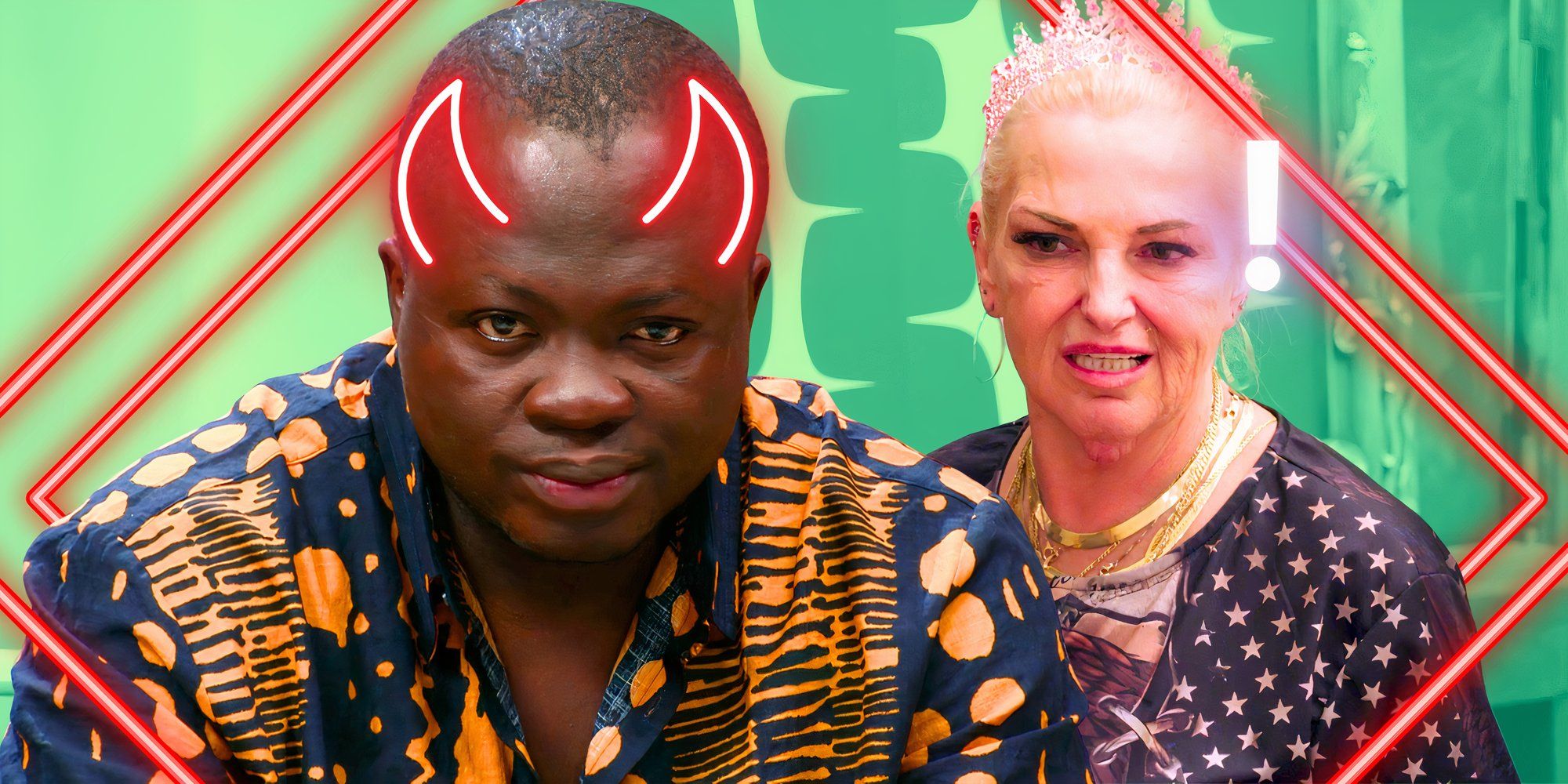 90 day fiance stars michael ilesanmi and angela deem with him in devil horns and a green background