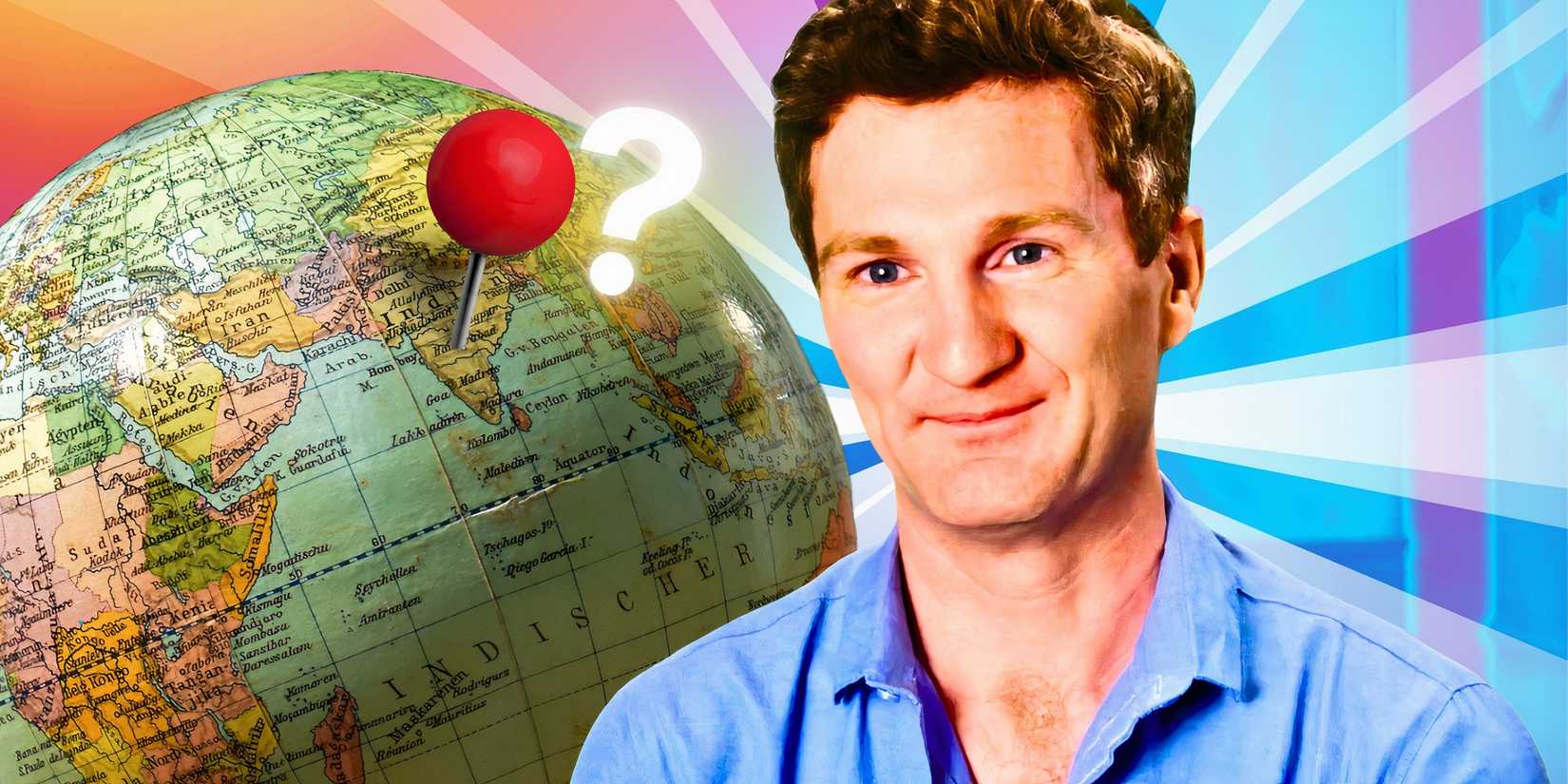 90 Day Fiancé Loren Allen smiling in blue shirt with globe map behind him