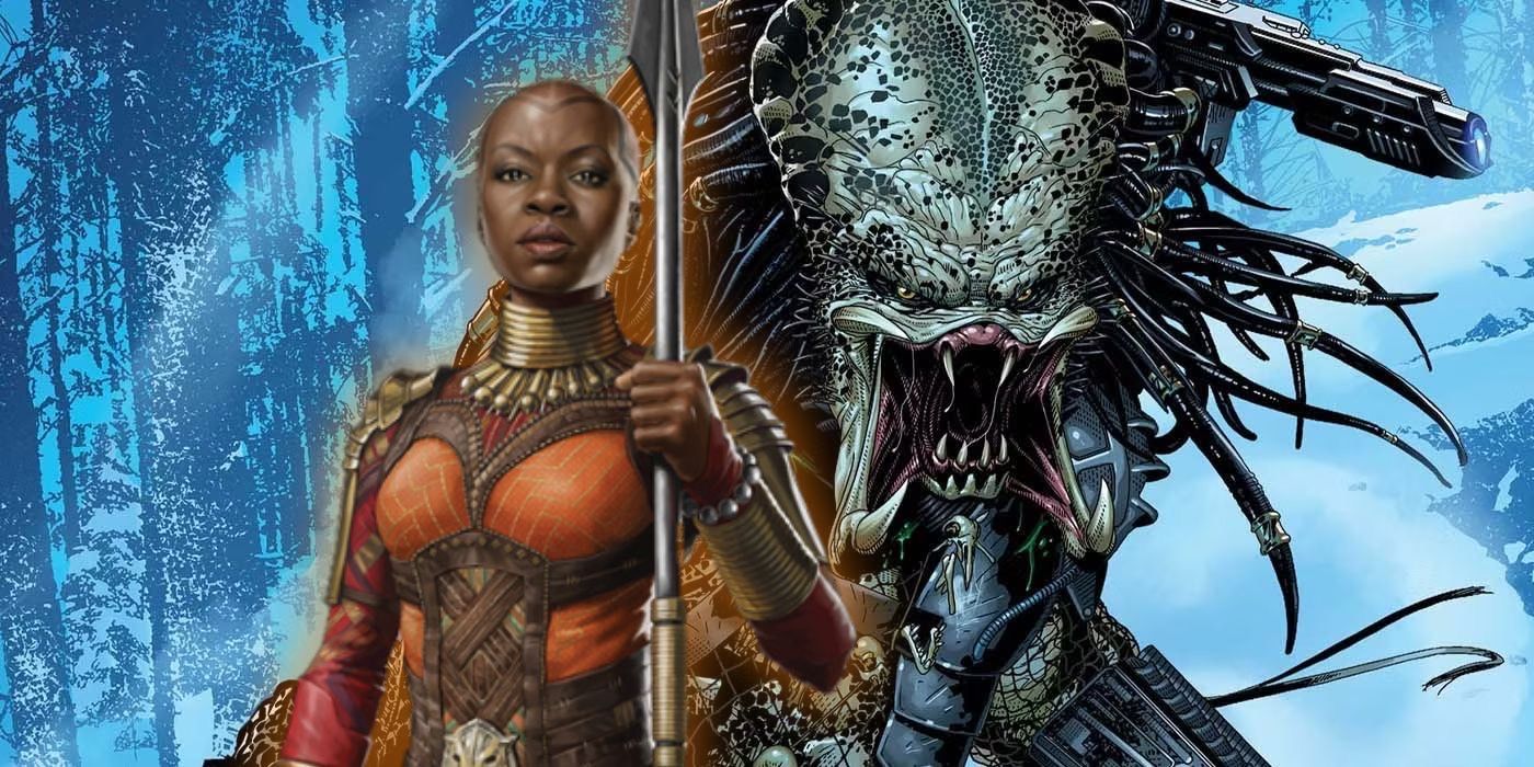 Okoye with her spear overlayed on the Predator franchise’s grotesque Yautja