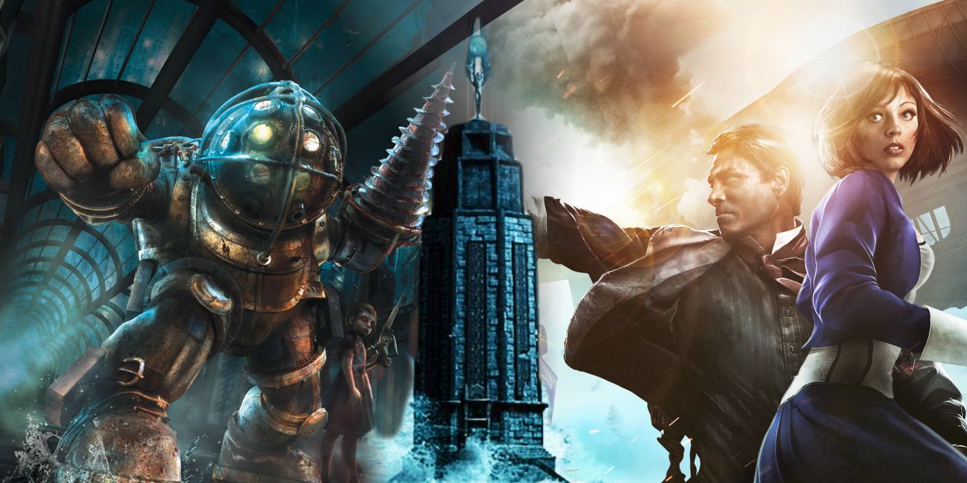 A Big Daddy from BioShock 1 and 2, alongside Booker and Elizabeth from BioShock Infinite, flanking the lighthouse from BioShock 1.