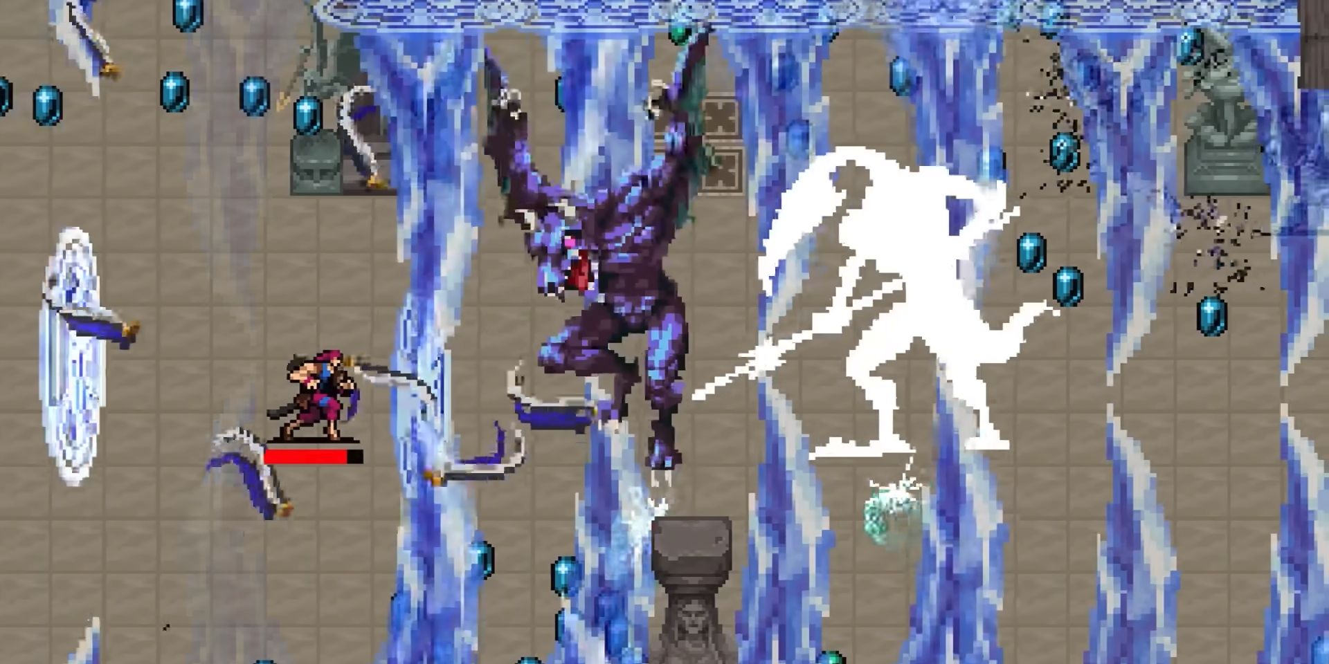 Um personagem de Castlevania lutando contra um demônio azul, invocando espinhos de portais em todos os lados da tela em Vampire Survivors.