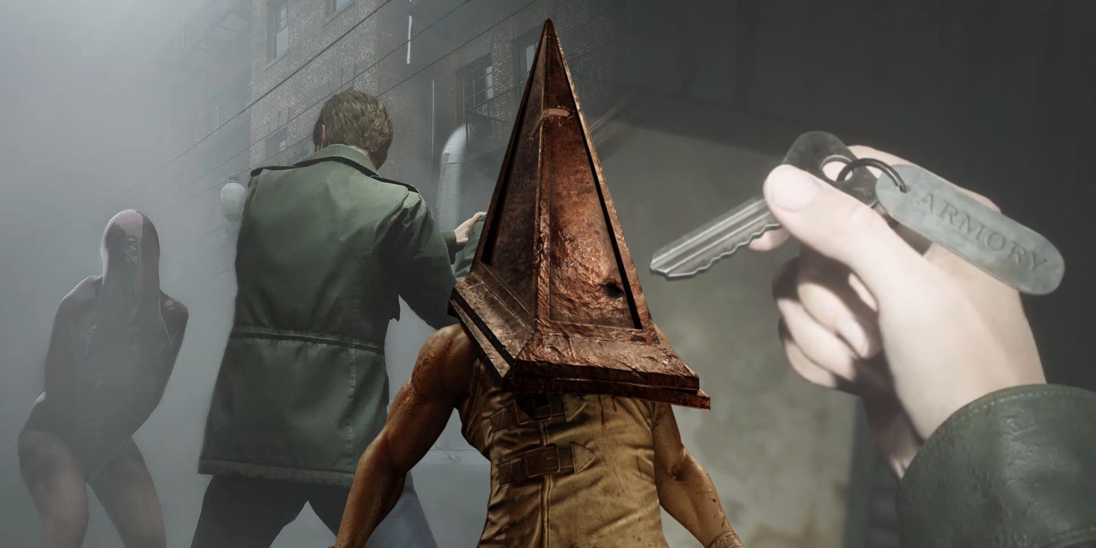 A collage of James fighting a Lying Figure and holding a key, all presided over by Pyramid Head in screenshots from the Silent Hill 2 remake.-1