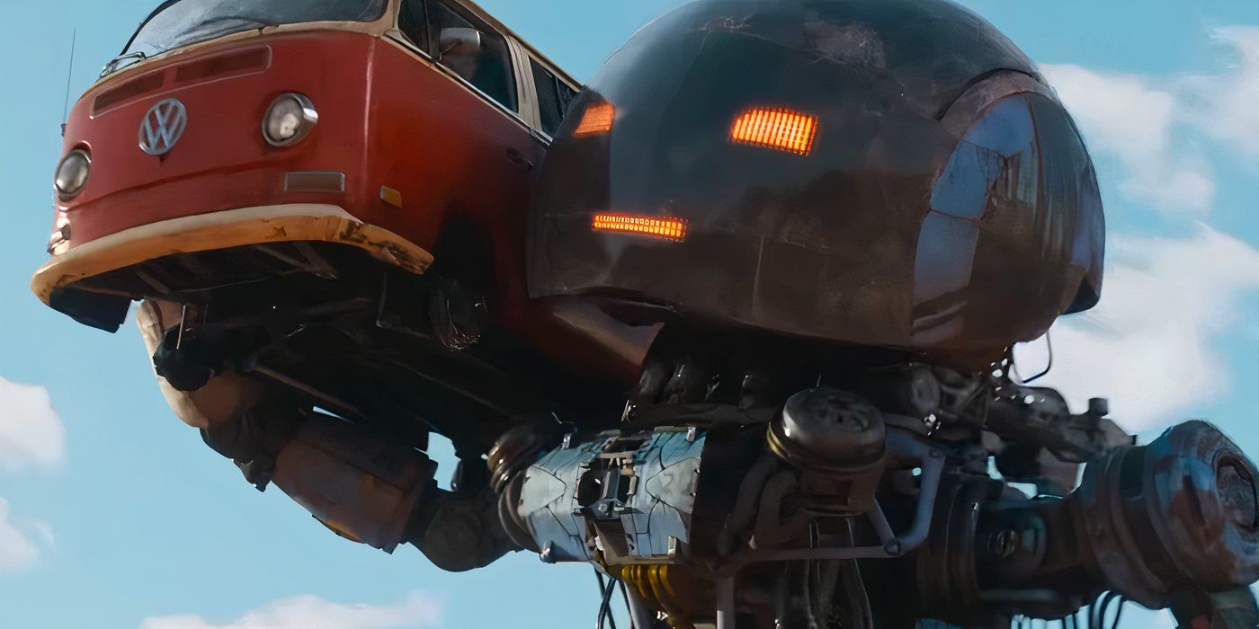 A giant robot carrying a VW bus in The Electric State