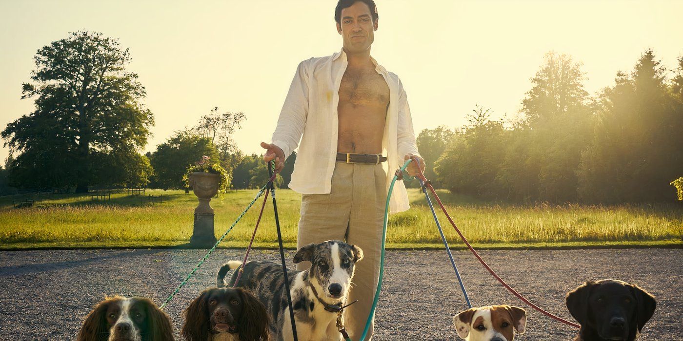 A man wearing an unbuttoned shirt while walking dogs in Rivals