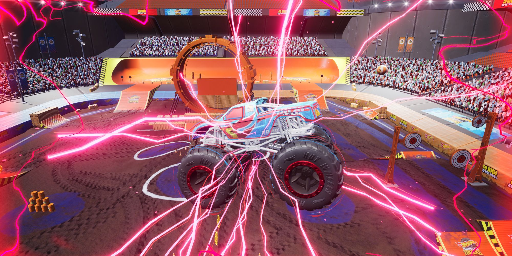 Um monster truck cercado por raios rosa em Hot Wheels Monster Trucks Stunt Mayhem.