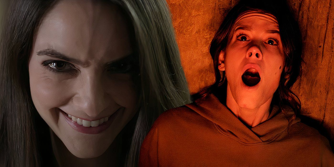 Collage of someone smiling creepily and Rose screaming in Smile