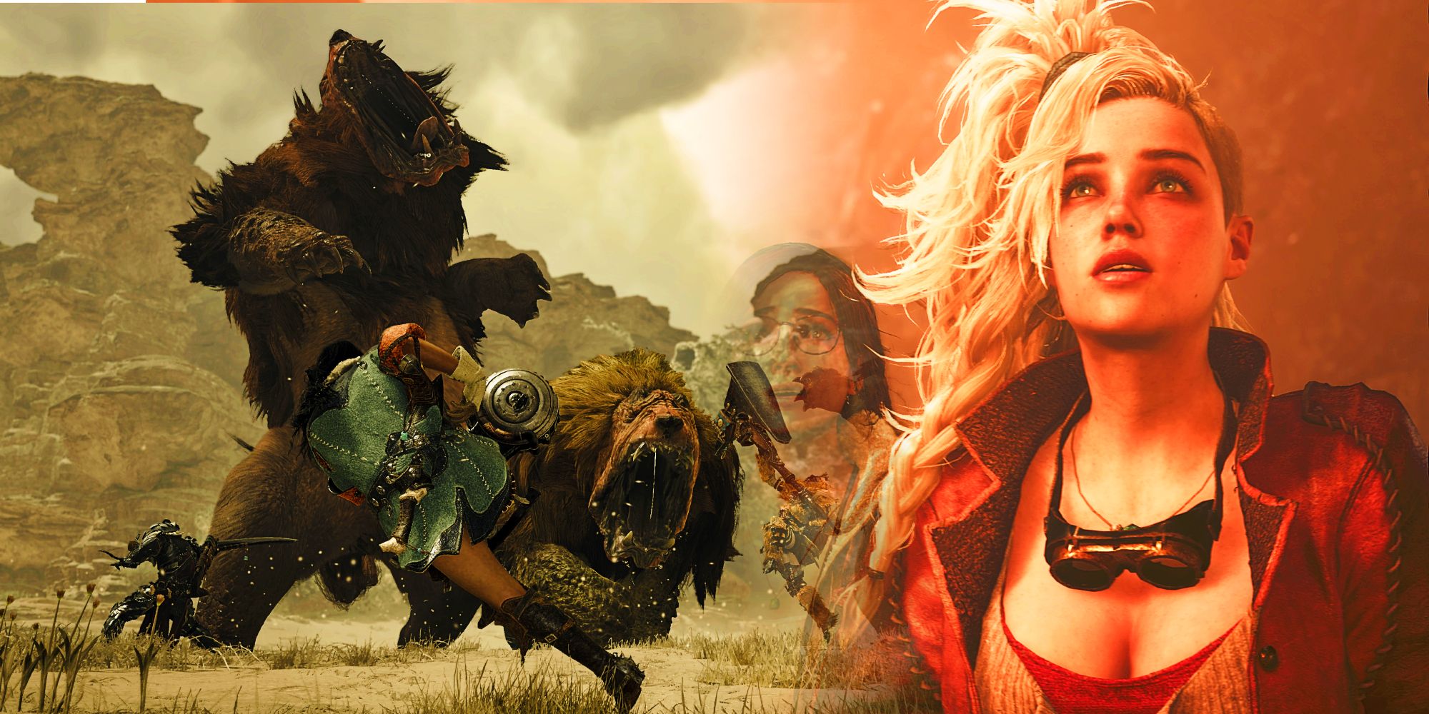 A player character fighting a Dogashuma while another character looks upward in fear in screenshots from Monster Hunter Wilds.