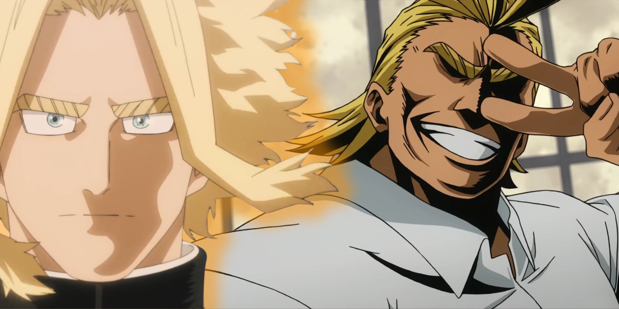 A Young Toshinori and in a backgroud All Might posing peace symbol