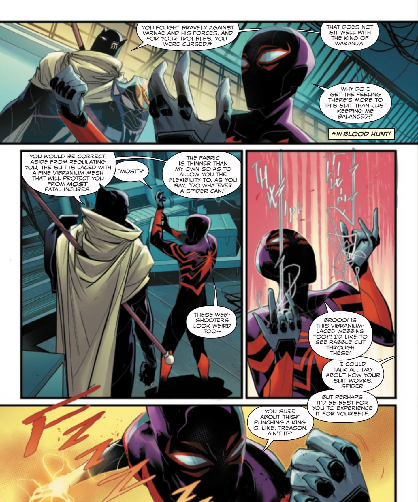 Miles Morales: Homem-Aranha #25 por Ziglar e Vicentini - Os atiradores de teia de vibranium de Miles explicados por Pantera Negra