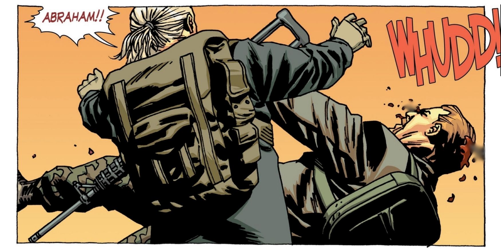 The Walking Dead #98, Abraham is abruptly shot in the head while talking to Eugene.