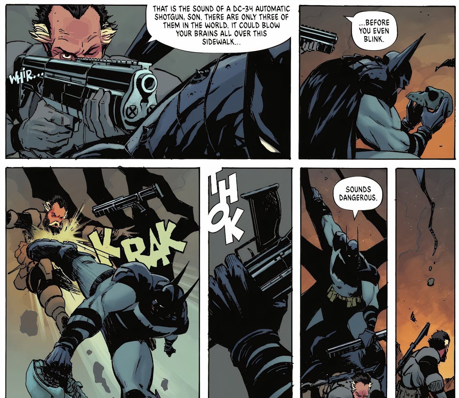 Comic book panel: the battle between Alfred Pennyworth and Batman.