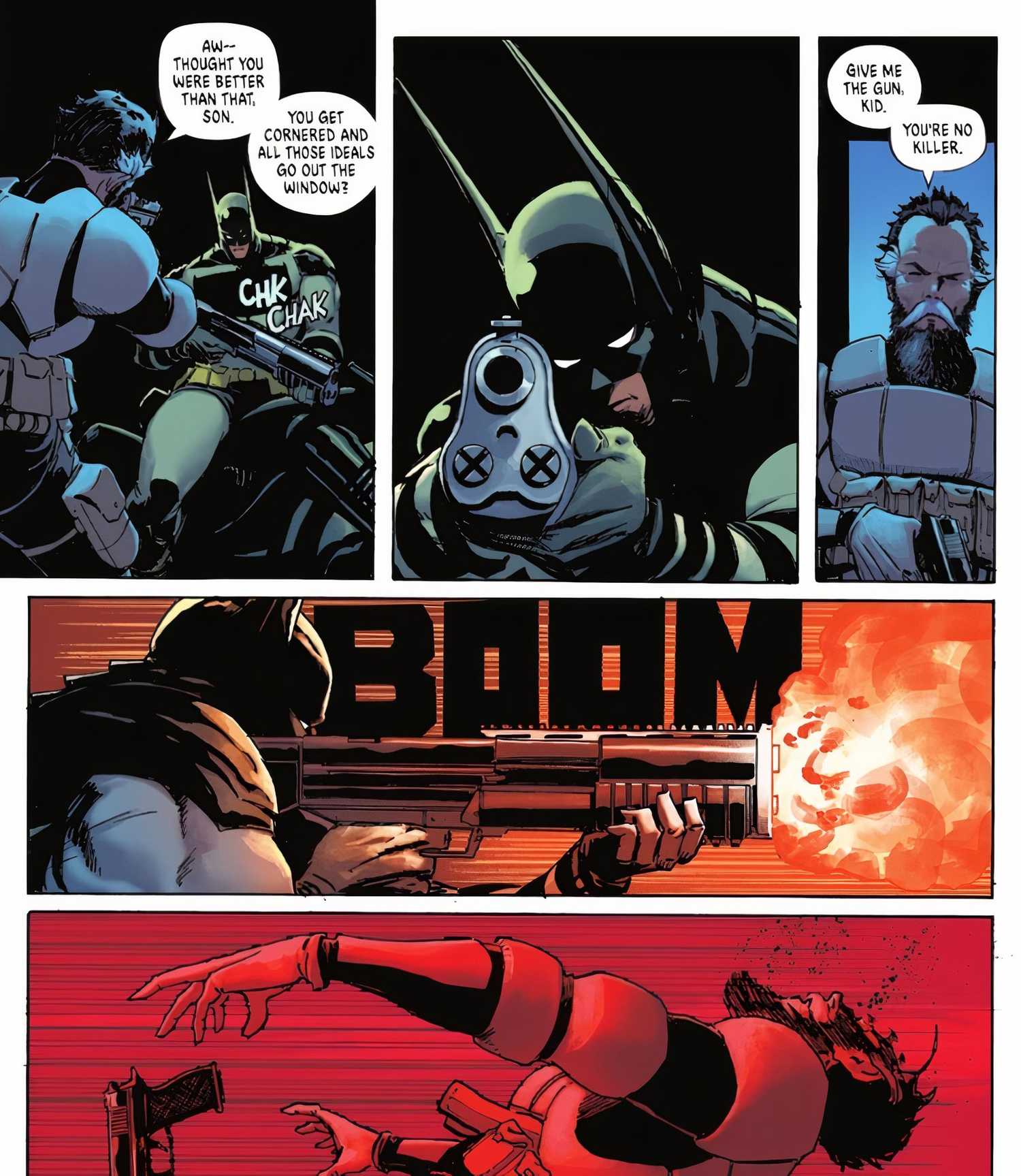 Comic book panels: Batman fires a massive gun at Alfred Pennyworth.