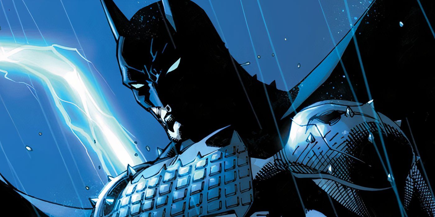 Comic book art: Absolute Batman stands in front of a bolt of lightning in the rain