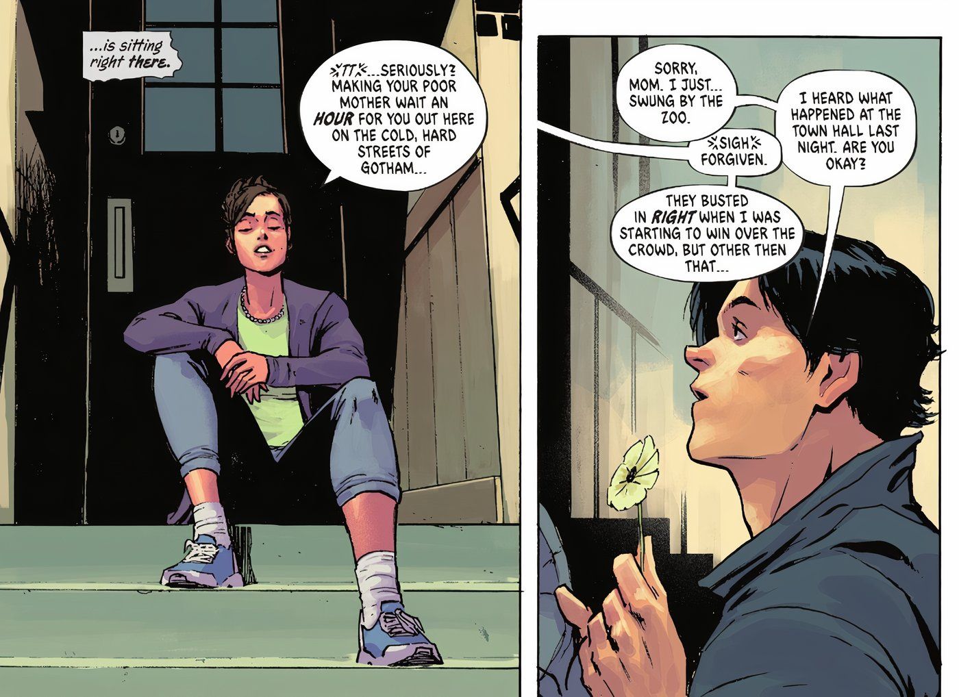 Comic book panels: Martha Wayne waits for Bruce and comments on how he left her waiting, but she forgives him when he says he'd swung by the zoo. He asks if she's okay after the shooting at the town hall. She makes a comment on how the criminals busted in right when she was winning over the crowd with her speech.