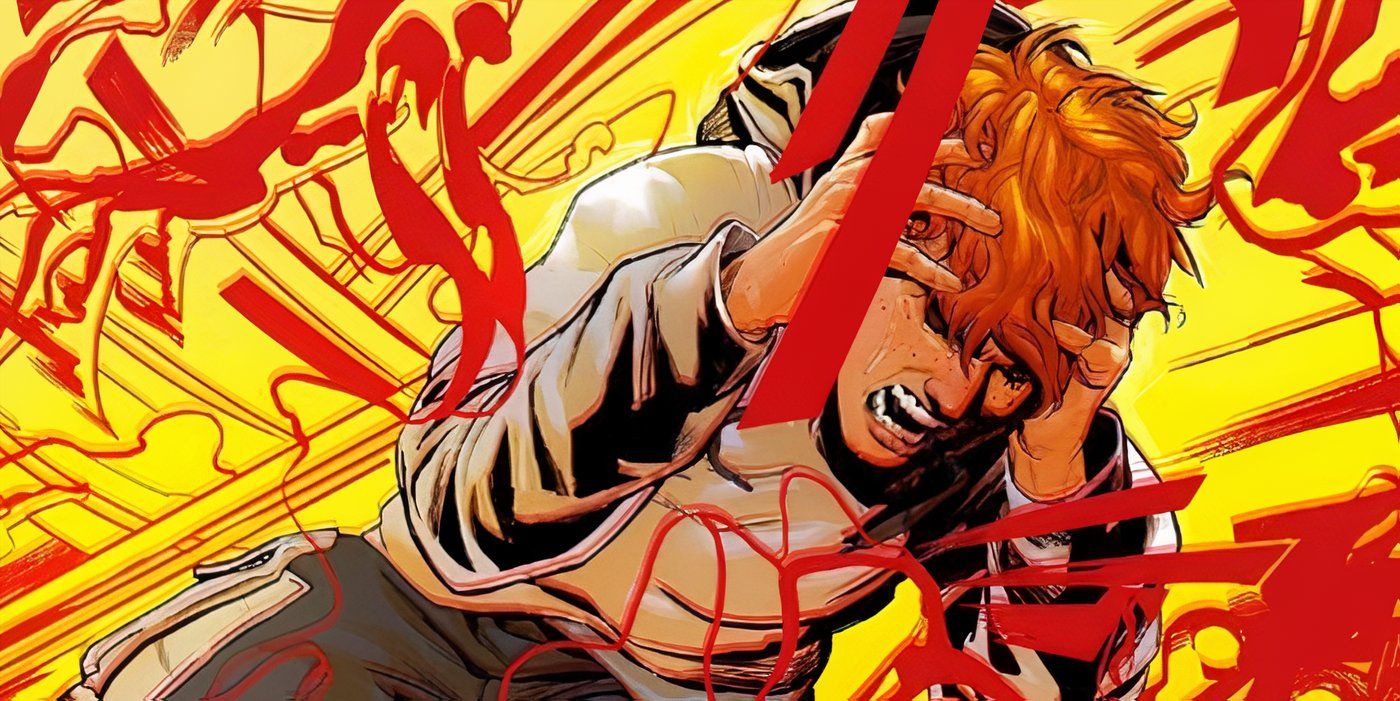 Arte de cómic: Wally West se agarra la cabeza mientras la energía roja surge a su alrededor.