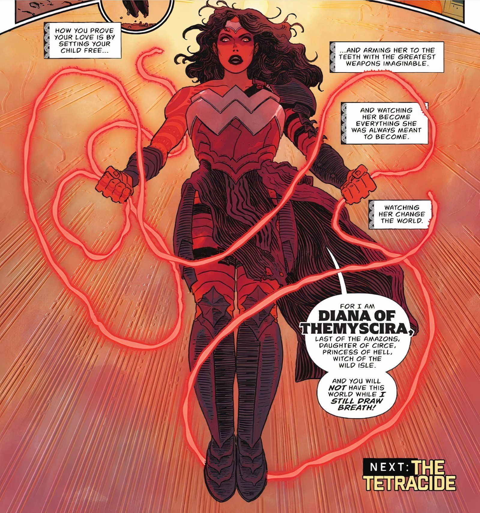 Painel de quadrinhos: Absolute Wonder Woman voa para se apresentar.