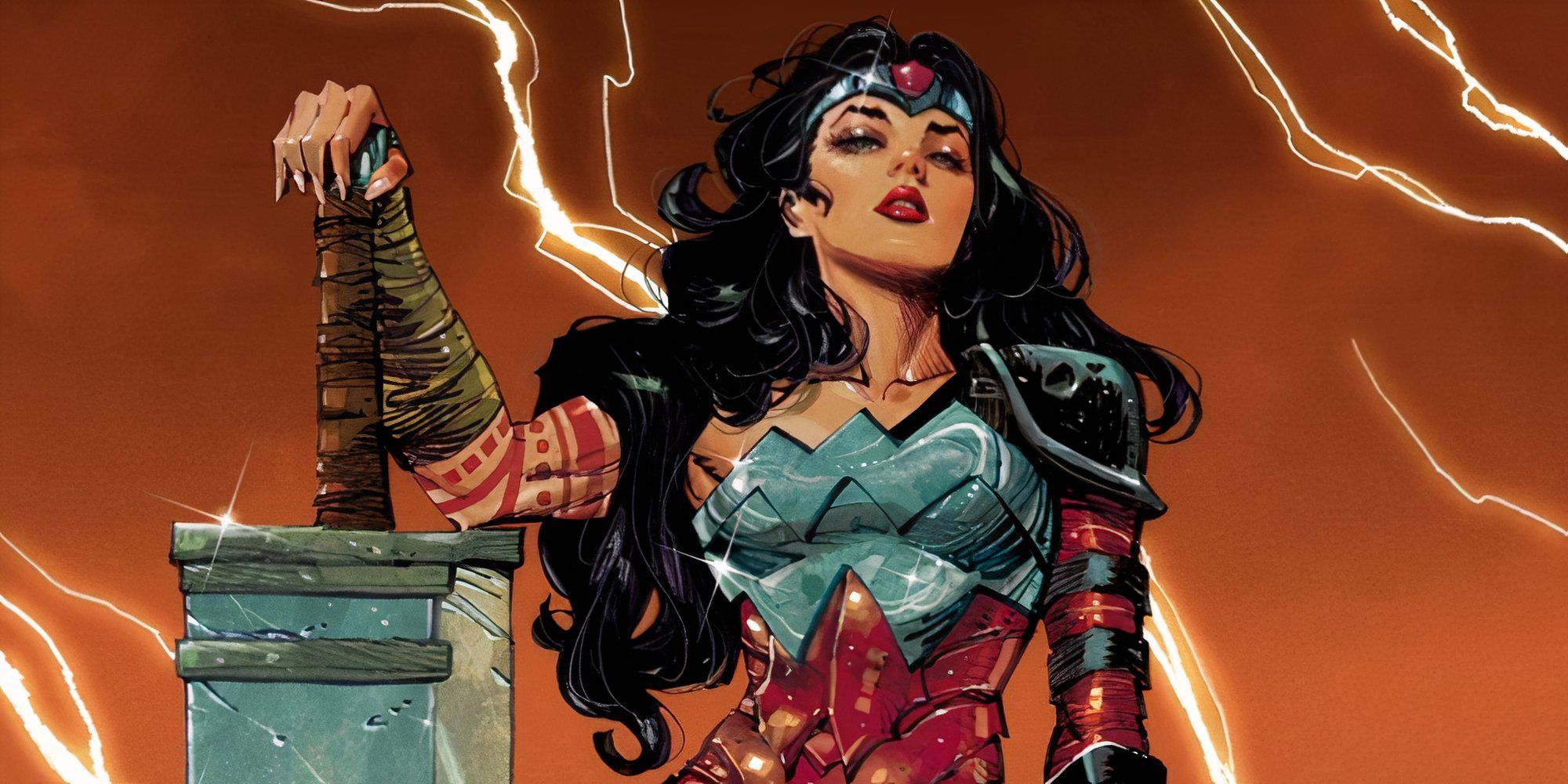  Absolute Wonder Woman looks down at the reader while leaning on her giant sword.