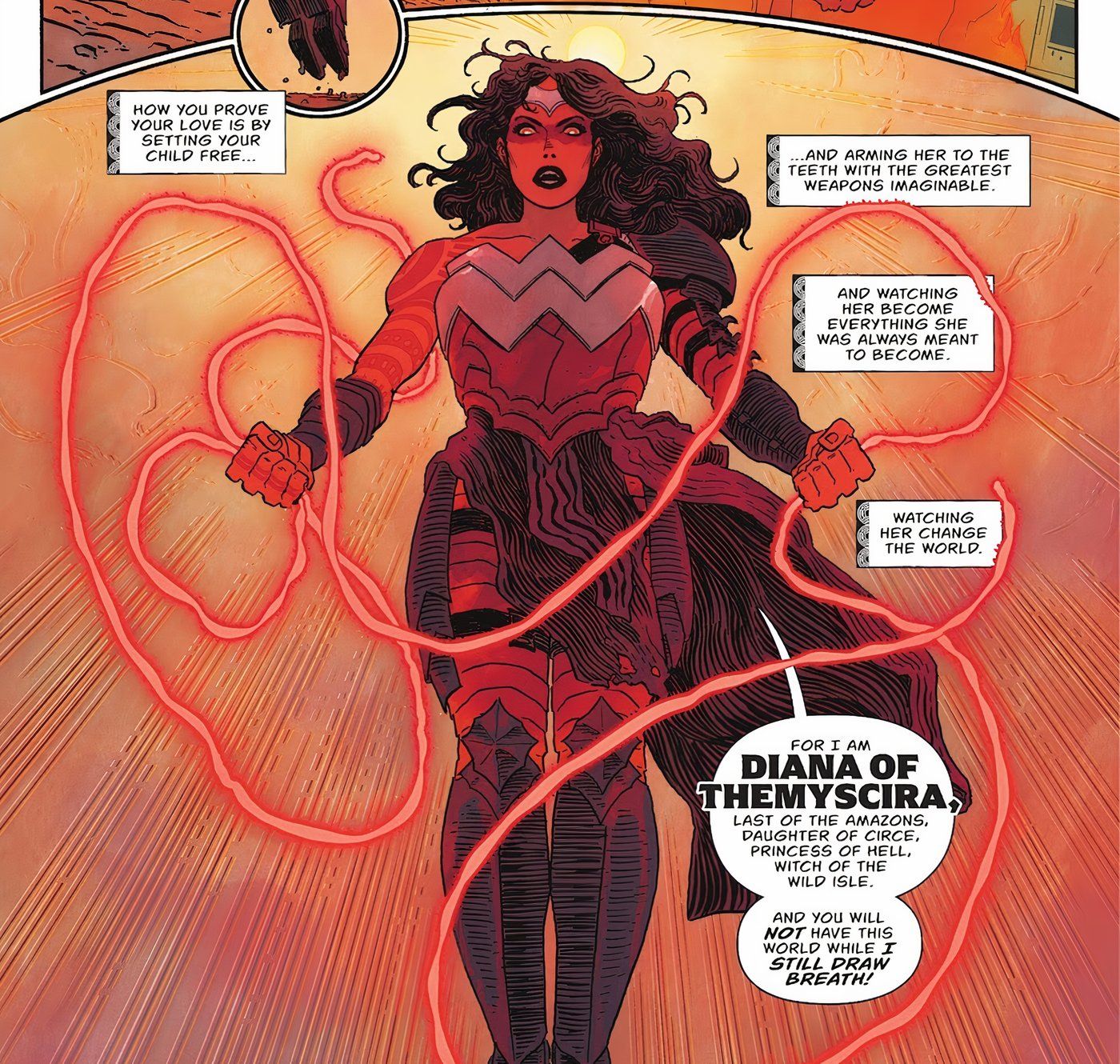  Wonder Woman proclaims that she is Diana of Themyscira, wielding her Nemesis Lasso.