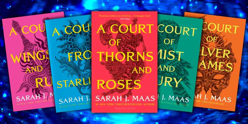 The covers of all five books in Sarah J. Maas Court of Thorns & Roses series against a blue background