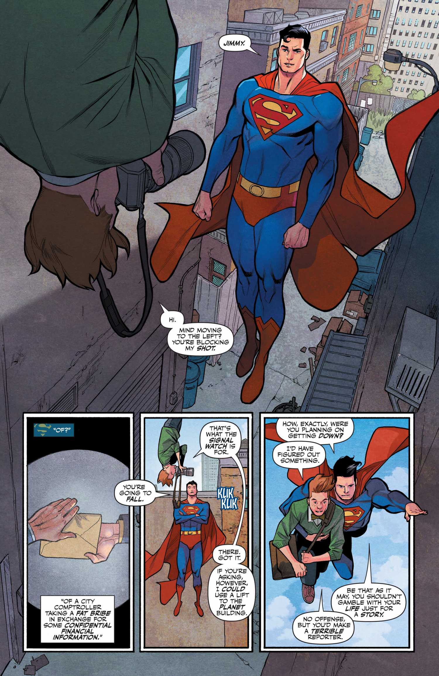 Comic book page: Superman helps Jimmy Olsen get his pictures.
