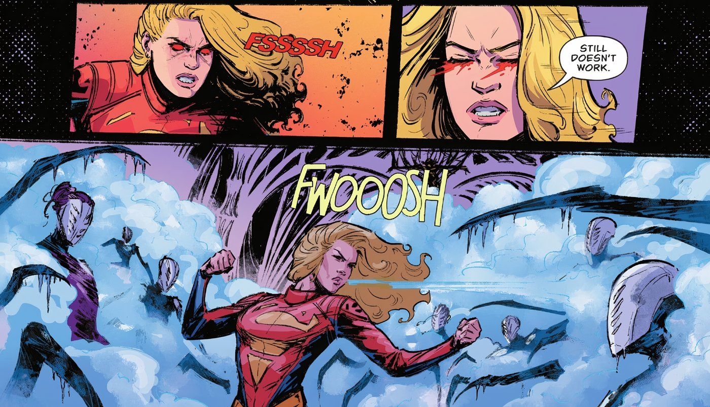 Painéis de quadrinhos: Supergirl tenta usar sua visão de calor na batalha, mas não funciona, então ela usa seu hálito congelado.