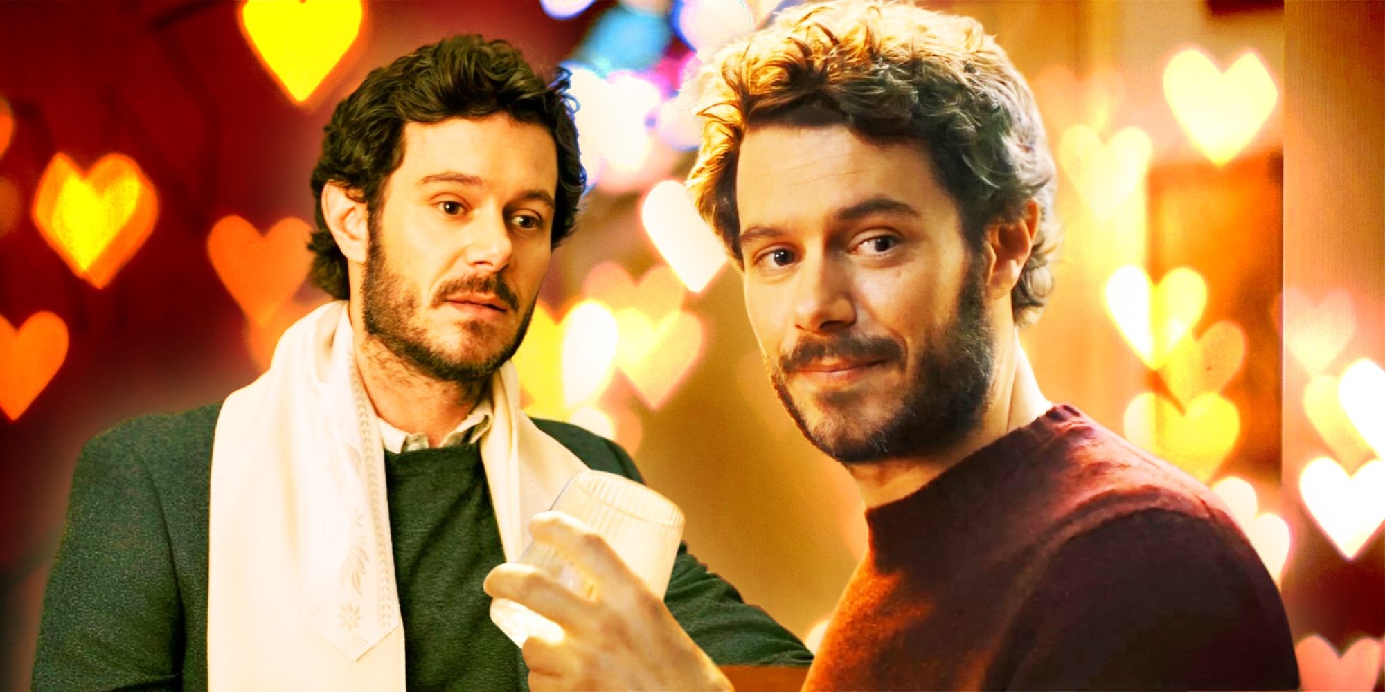 Adam Brody as Noah in Nobody Wants This looking serious to the left and smiling to the right in front of a bright background with hearts