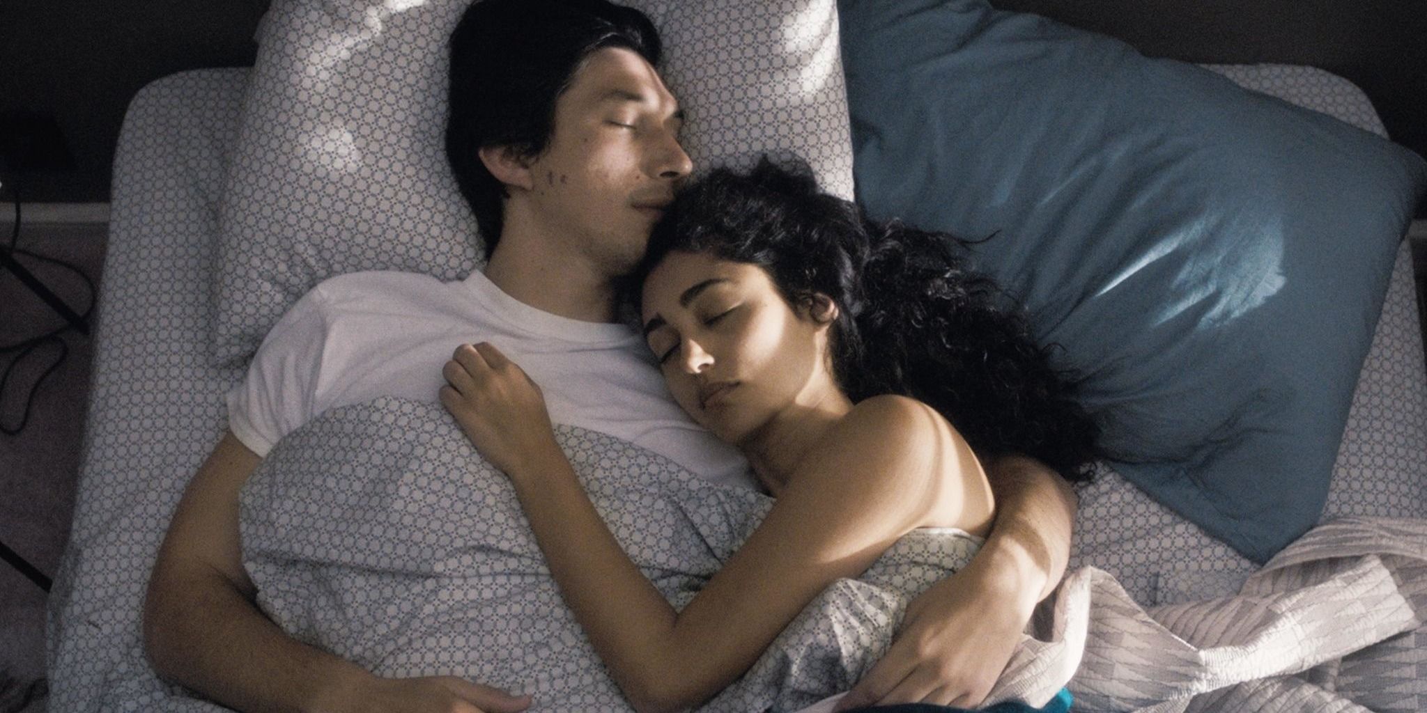 Adam Driver and Golshifteh Farahani asleep in bed in Paterson